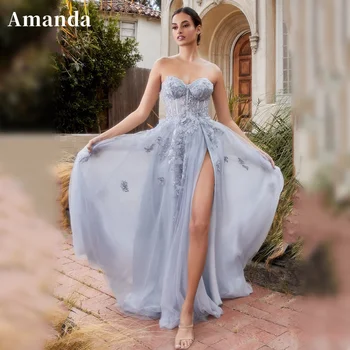 Amanda Сексуальное платье для выпускного вечера с разрезом сбоку 2023, платье принцессы, милое вечернее платье с 3D цветами, платья для вечеринки в честь дня рождения, без бретелек