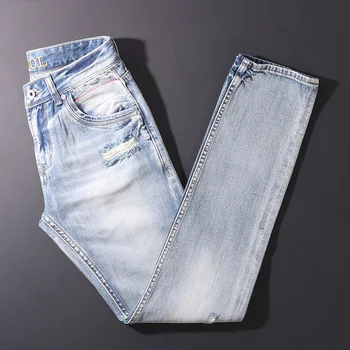Европейские Винтажные модные мужские джинсы Ретро Светло-голубого Цвета, Облегающие Рваные джинсы, Мужские Высококачественные Дизайнерские Повседневные джинсовые брюки Red Line