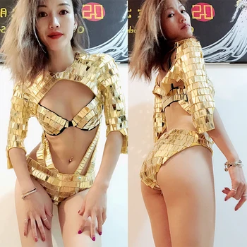 Золотой зеркальный наряд для женского бара Ночного клуба для выступлений на шесте DJ DS Rave, Мерцающая сенсационная одежда для сцены