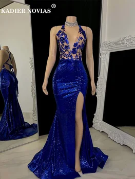 Длинное Сексуальное Платье для выпускного вечера в стиле Русалки Королевского синего цвета, 2022, с открытой спиной, с блестками, Черные платья для выпускного вечера для девочек, Vestidos De Gala