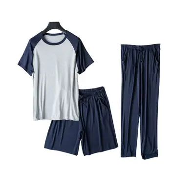 Плюс Размер, Мужской Домашний Костюм, Рубашка с коротким рукавом + Шорты + Брюки, Комплект из 3 предметов, Весенне-летняя Модальная Пижама, Мужская Пижама