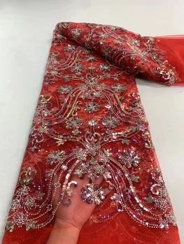 Красная новейшая африканская кружевная ткань с вышивкой, французская Сетчатая кружевная ткань С пайетками, Нигерийские бусины, Тюлевое кружево для вечеринки, Свадебное платье