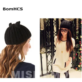 BomHCS, осенне-зимняя шапка с милыми ушками, вязаная шапка ручной работы, женская теплая шерстяная кепка, шапочки