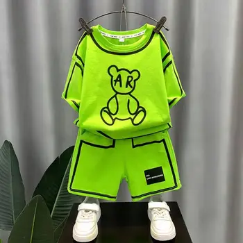 Летний комплект для мальчиков, новинка 2023 года, детская корейская футболка с коротким рукавом + шорты, комплект из двух предметов Для мальчиков от 2 до 9 лет, Повседневная спортивная одежда с героями мультфильмов
