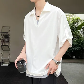 Летняя рубашка с коротким рукавом, Мужская Модная рубашка, Корейские Свободные Рубашки из Ледяного Шелка, Мужской Пуловер, Рубашка Плюс Размер M-5XL