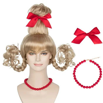 Miss U Hair Рождественский Светлый Парик с Красным бантом и ожерельем Для девочек и женщин, Длинные Косы, Рождественский костюм, Аксессуар для парика