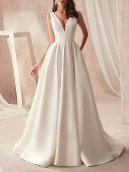 2023 Новое Свадебное платье с V-образным вырезом и открытой спиной Сбоку, с Карманом, Известный Дизайн, Атласное Свадебное Платье с Карманом, Vestido Longo De Festa