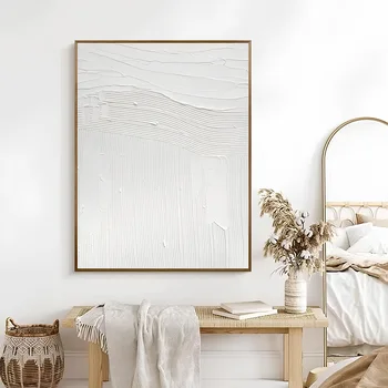 Ручная роспись белым Ваби-Саби Минималистичная абстрактная живопись на холсте Белое 3D текстурированное настенное искусство украшения дома Картины с ножом