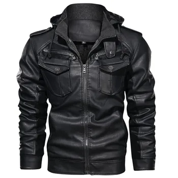 Мужские кожаные куртки, Зимние флисовые толстые мужские мотоциклетные пальто из искусственной кожи С капюшоном, Мужская модная верхняя одежда, Брендовая одежда