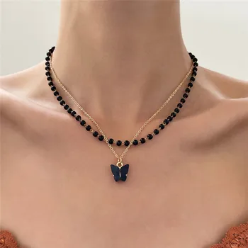 Новое Ретро-готическое черное двухслойное ожерелье с подвеской в виде бабочки для женщин, цепочка на ключицу в стиле Панк, ювелирный подарок для девушки