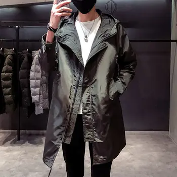 Новая мужская куртка, повседневный тренч, весенне-осенняя мужская корейская версия, Свободная куртка средней длины с капюшоном