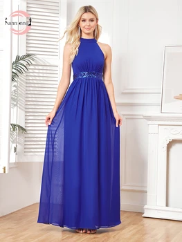 Элегантное вечернее платье Fannonnaf из шифона с рюшами и высокой талией, элегантный пояс с блестками, повязка на бретелях, синее платье без рукавов длиной до пола