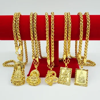 ожерелье из желтого золота 18 Карат для женщин, мужчин, ожерелье с подвеской в виде Гуаньинь, Золотого дракона, Свадебное обручение, не выцветает, ювелирный подарок