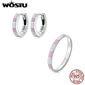 Серебро 925 пробы WOSTU, простой контрастный цвет, Розово-белые Кольца, Серьги-гвоздики, Геометрический ювелирный набор для женщин, Серебряный подарок s925