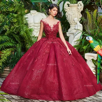 Роскошные блестящие красные пышные платья без рукавов С аппликацией из кружевных бусин, Vestidos De 15 Anos, Бальное платье для Вечеринки в честь Дня Рождения, Корсет