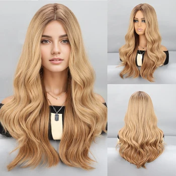Омбре Светло-коричневый блонд Длинные водянистые волнистые синтетические парики из натуральной средней части повседневных волос для женщин косплей
