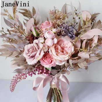 JaneVini 2020 Винтажные Розовые Свадебные Цветы Свадебные Букеты Ramo Искусственный Поддельный Цветок Розы Листья Свадебная Брошь Букет Невесты