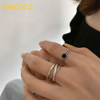 QMCOCO 2021 Новый Стиль Мода Серебряный Цвет Изысканные ювелирные Изделия Черный Камень Творческая Личность Ретро Регулируемые Кольца Подарки На День Рождения