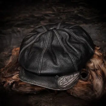 Восьмиугольная кепка из натуральной кожи, потертая шляпа газетчика, берет унисекс