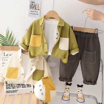 Одежда с блокировкой цвета, 3 шт., комплект верхней и нижней части унисекс с отложным воротником для младенцев, модная осенне-зимняя одежда большой длины
