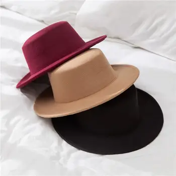 Женские фетровые шляпы с плоским верхом, однотонная имитация шерстяной джазовой кепки, Элегантные женские шляпы-котелки с широкими британскими полями, Фетровая шляпа