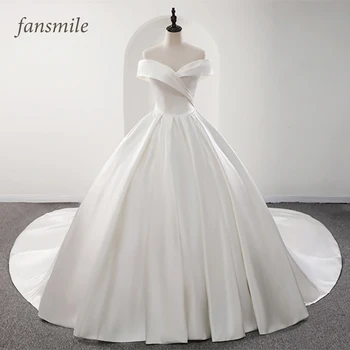 Fansmile 2020 Robe De Mariage Блестящее Атласное Бальное Платье Свадебные Платья Vestido De Noiva Плюс Размер Свадебных Платьев на Заказ FSM-573T