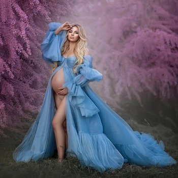Сексуальные Синие Халаты для беременных для фотосессии с открытыми плечами Женские платья для беременных Сексуальные Платья с разрезом спереди и длинными рукавами BabyShower