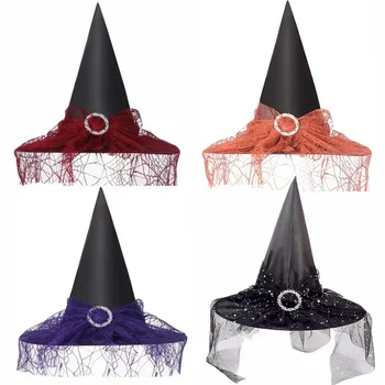 Кружевная шляпа Ведьмы на Хэллоуин, Головной убор Ведьмы Для Взрослых и детей, Нарядная шляпа из Полиэстера, Шляпа из Тафты, Реквизит для Вечеринок, Косплей, костюмы на Хэллоуин