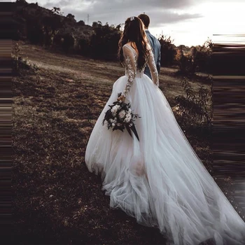 Прозрачные свадебные платья в стиле бохо с длинным рукавом, свадебное платье с кружевной аппликацией, свадебные платья А-силуэта с круглым вырезом, свадебные платья для новобрачных