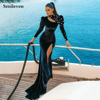 Smileven Сексуальное черное вечернее платье русалки с длинным рукавом и высоким вырезом, бусы, хрустальные вечерние платья, вечерние платья с разрезом сбоку