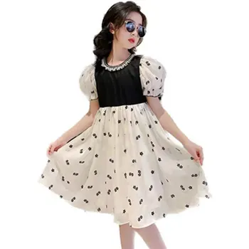 Летнее платье для девочек, черное платье с пышными рукавами и цветочным принтом, Уникальный дизайн, повседневное платье Принцессы, Детский костюм, одежда для маленьких девочек