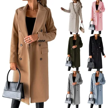 2023 Осенне-зимние Новые Шерстяные пальто для женщин с Длинными рукавами и Лацканами, Однотонное Двубортное Приталенное пальто