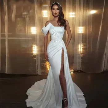 Свадебное платье Русалки из Атласа MANRAY Простые Жемчужно-Белые Свадебные платья 2023 Свадебное платье С высокими Разрезами На одно плечо Robe De Soiree
