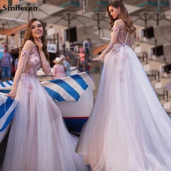 Свадебные платья Принцессы Smileven С Длинными рукавами, Пляжные платья Невесты Трапециевидной Формы, Кружевные аппликации с 3D Цветами, Свадебные платья в стиле Бохо