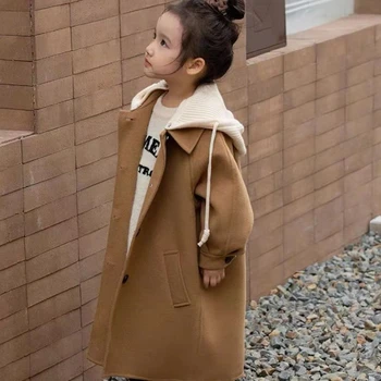 Новое Детское пальто на зиму и осень от 3 до 12 лет, Шерстяное пальто средней длины, Модная одежда с капюшоном для мальчиков и девочек