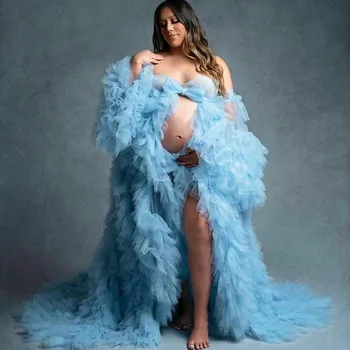 Пышное Небесно-Голубое Платье-шаль для беременных, Сексуальные Халаты для Фотосъемки, Пижамы, Халат С оборками, Многоуровневое платье, Женский Халат, Ночная рубашка