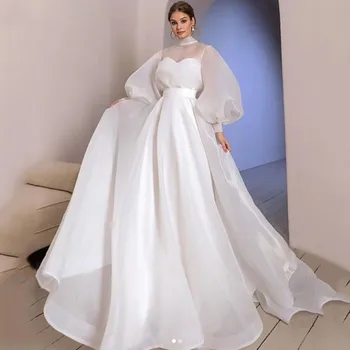 Элегантные Свадебные платья Трапециевидной формы с коротким вырезом и пышными рукавами, Свадебное платье на шнуровке, простое и чистое Vestido De Novia