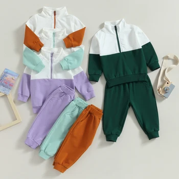 Осенняя одежда для маленьких девочек и мальчиков контрастного цвета, топы на молнии с длинным рукавом и эластичной резинкой на талии, брюки, комплект из 2 предметов