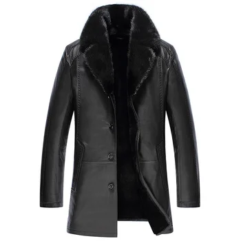 мужское пальто из 100% натуральной кожи, плюш, лацкан из толстой норки, овечья шерсть средней длины