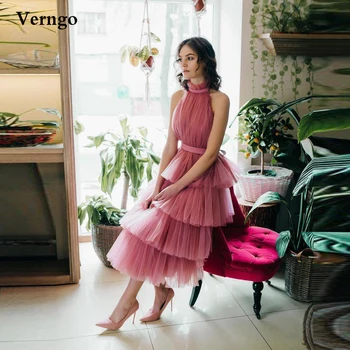Verngo Лилово-розовые тюлевые платья для выпускного вечера, Тюлевое платье с высоким воротом и многоуровневой горловиной, свадебное платье для гостей Чайной длины, праздничное платье для мамы и дочки