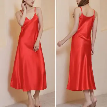 Женская атласная ночная рубашка, Длинное платье-комбинация Для Сна, Шелковая пижама с V-образным вырезом, однотонная ночная одежда