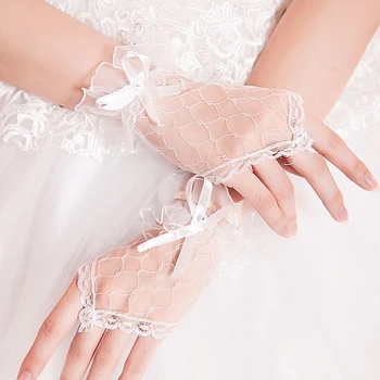 Женские летние белые перчатки, клетчатая сетка, кружево со стразами, варежки без пальцев с петлей для пальцев для свадебного костюма