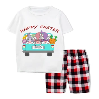 Одинаковые Пижамы для Пасхальной семьи Эксклюзивного Дизайна Happy Easter Gnomies Car Белый Пижамный комплект