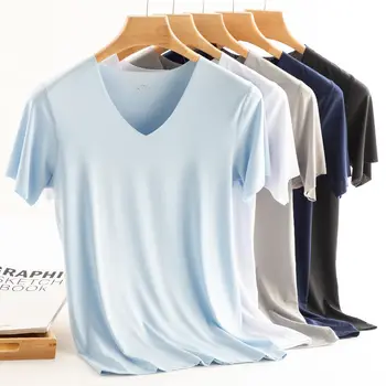Летняя тонкая Женская бесшовная футболка из ледяного шелка с коротким рукавом и V-образным вырезом, базовая хлопковая футболка Для мужчин, тонкие футболки с коротким рукавом M-5XL
